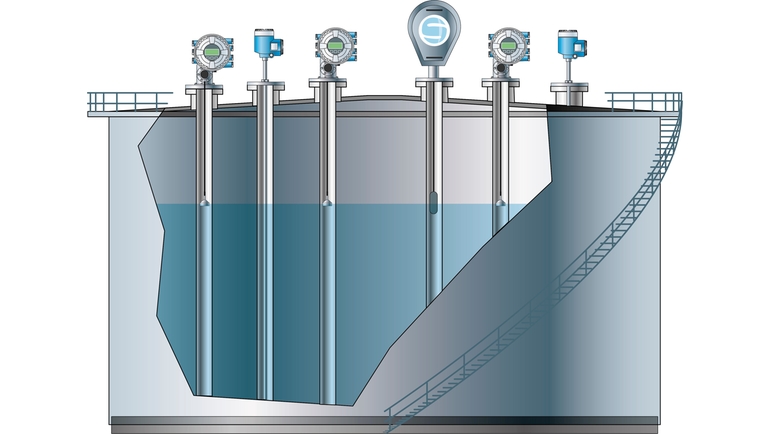 Grafische weergave van een LNG-opslagtank met meetinstrumenten voor de tankinhoud