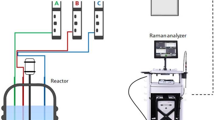 Schematische weergave van een procesbewakingssysteem voor semi-batch-polymerisatie