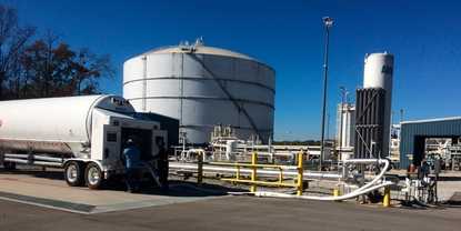 Kleinschalig laden van LNG op een vrachtwagen