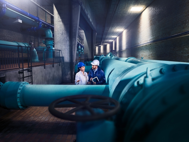 Deux ingénieurs à côté d'une canalisation d'eau potable.