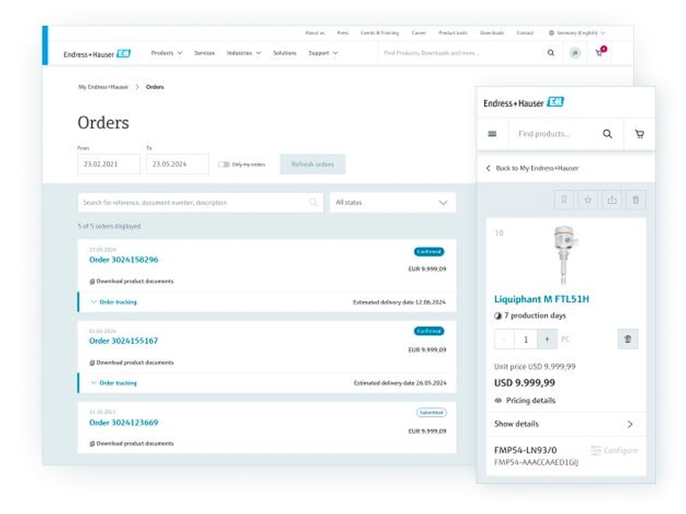 My Endress+Hauser transacties/e-commerce functies